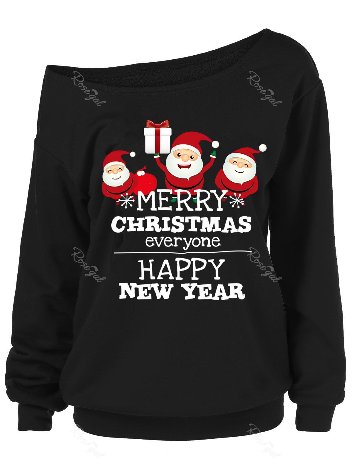 

Plus Size Santa Claus Letters Skew Neck Sweatshirt, Black