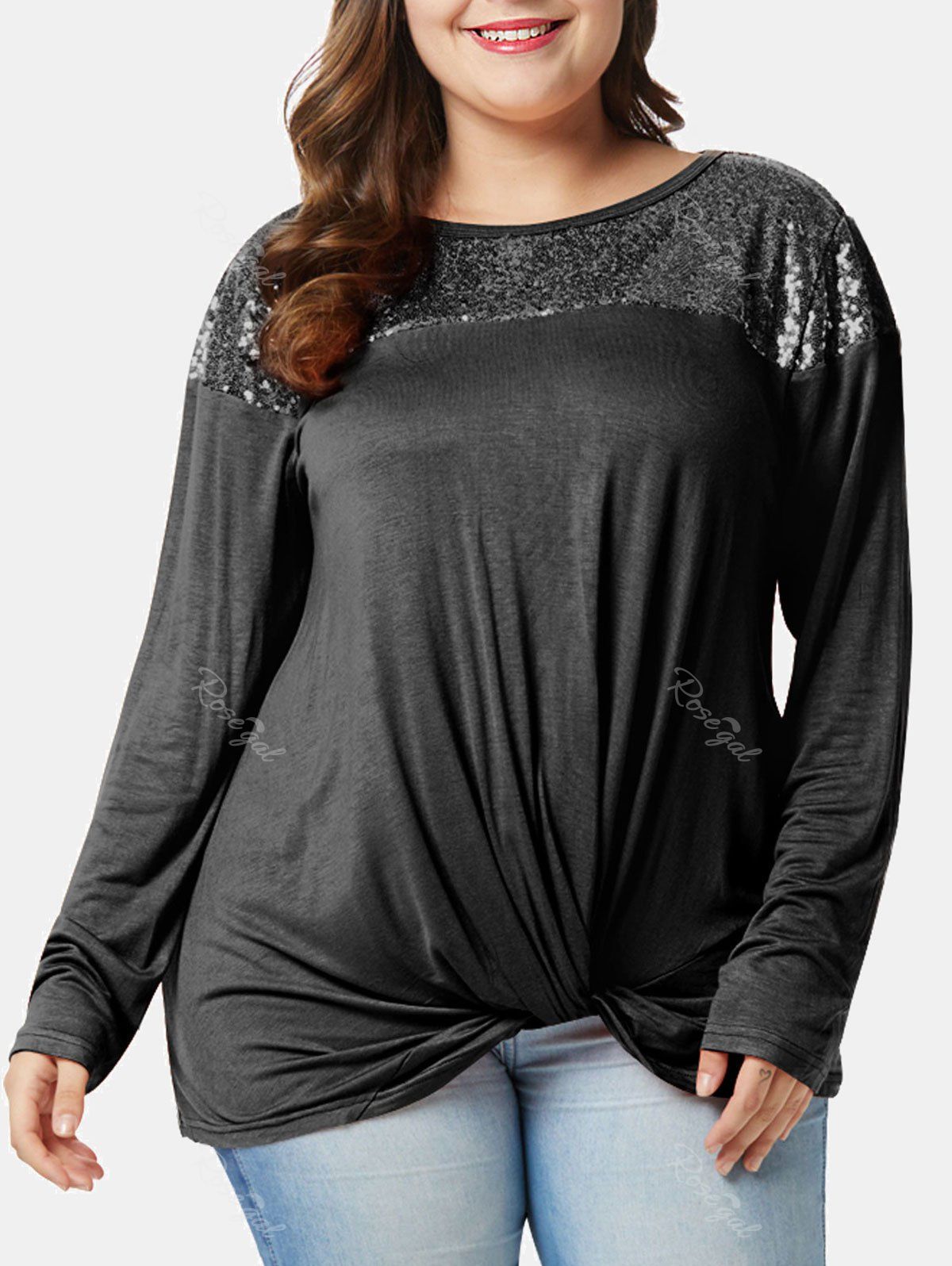 

Plus Size Long Sleeves Tee with Sequins, Dark gray
