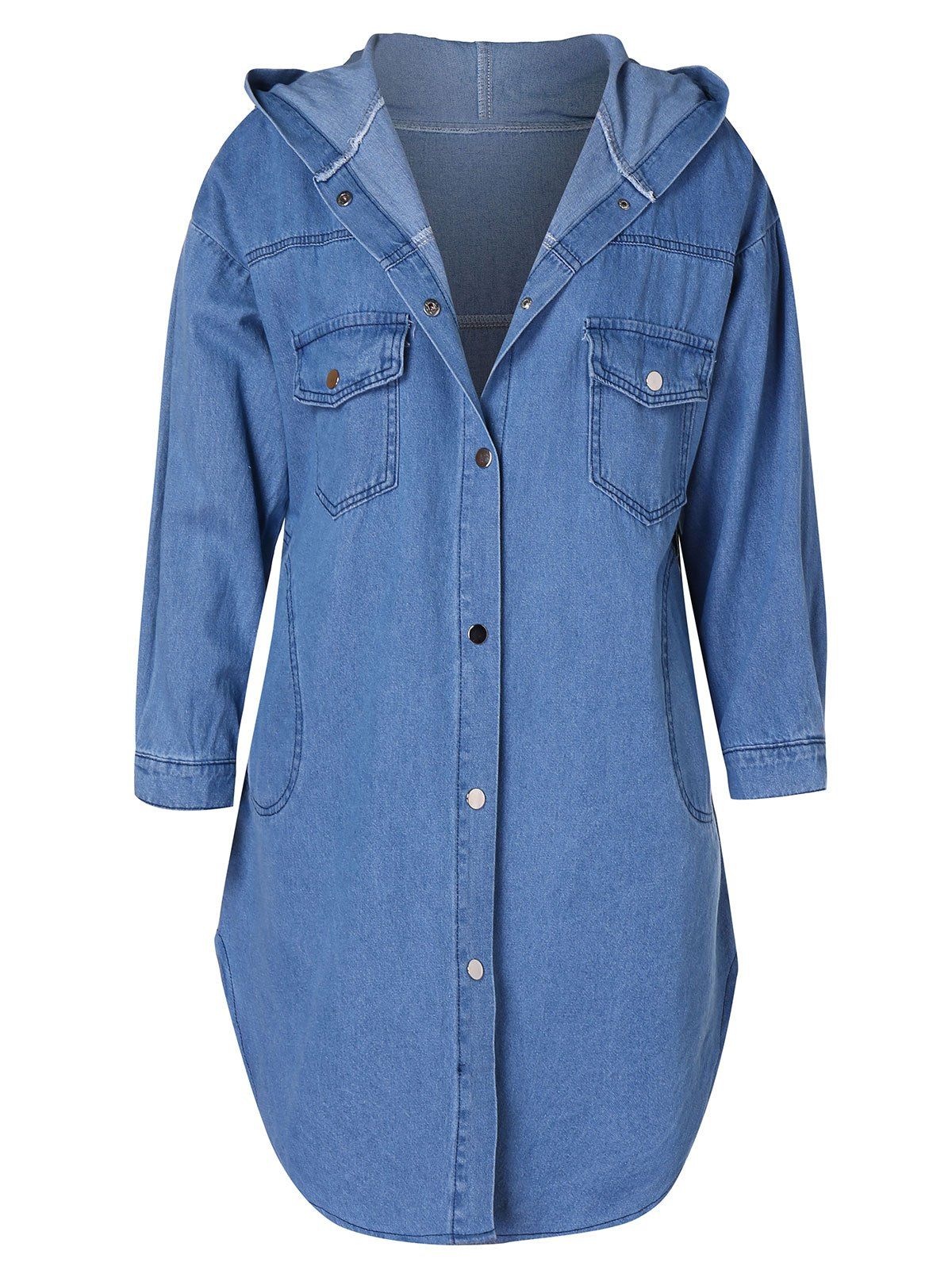

Plus Size Hooded Curved Long Denim Coat, Blue