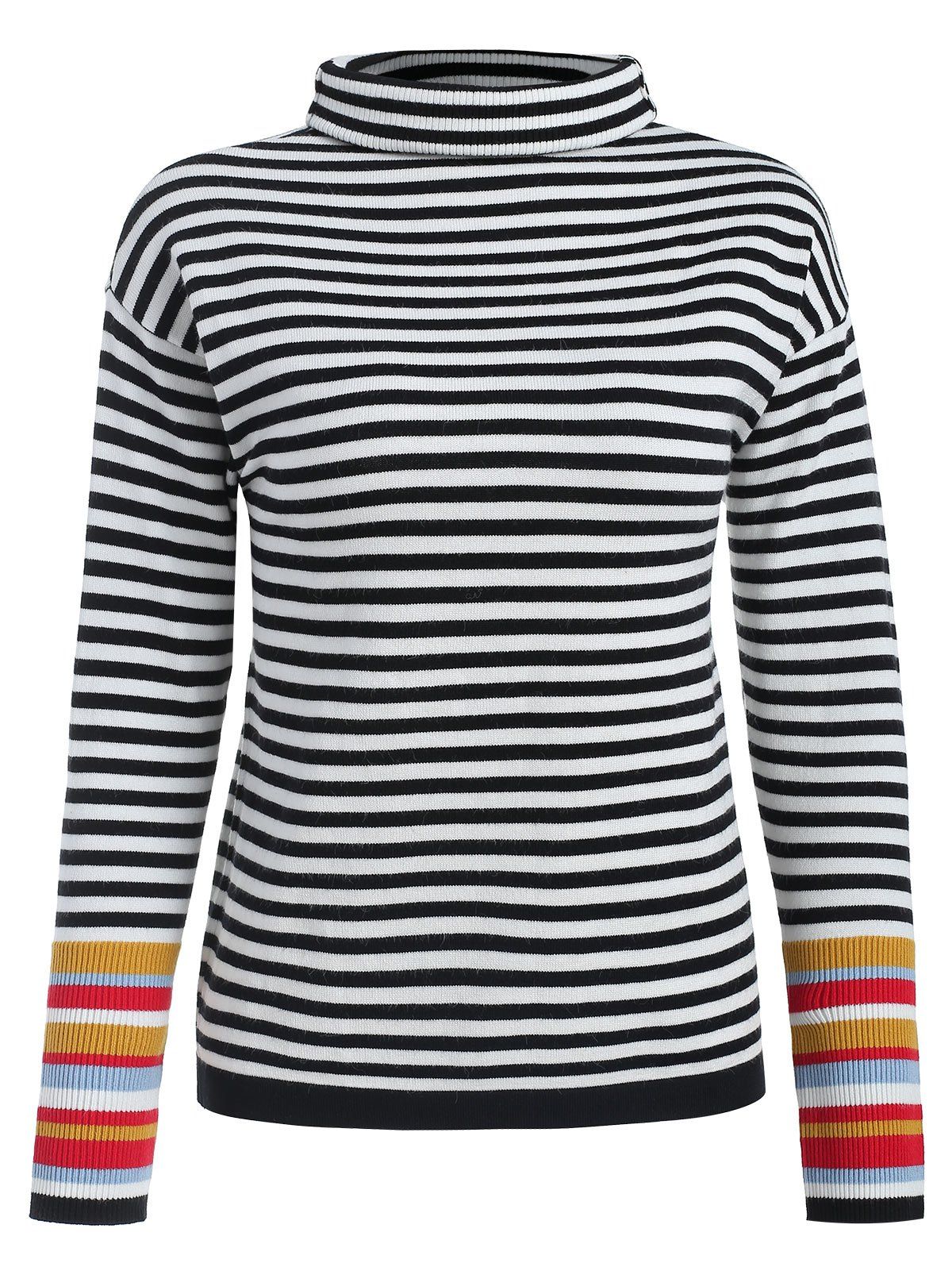 

Turtleneck Striped Pullover Sweater, Black