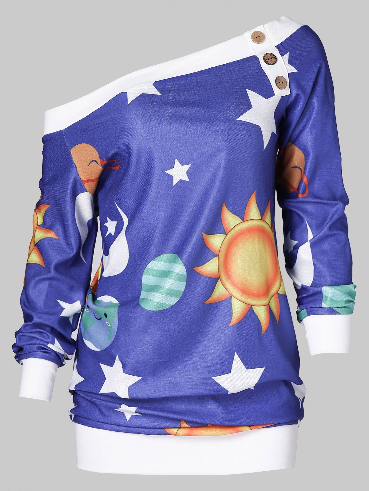 

Skew Neck Sun Stars Moon Print Sweatshirt, Cobalt blue