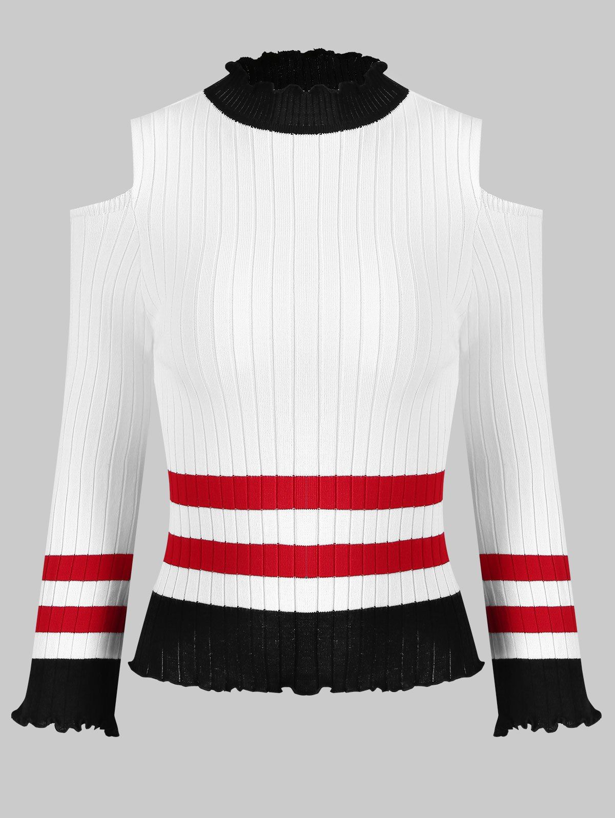 

Cold Shoulder Striped Ruffle Sweater, White