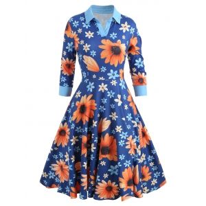 

Shirt Collar Flower Print A Line Dress, Multi