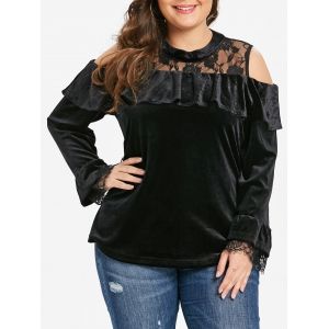 

Plus Size Flounce Velvet Tee with Lace, Black