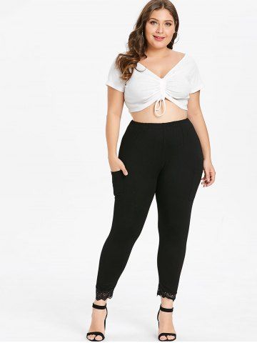 

Plus Size Pockets Lace Trim Skinny Ninth Leggings, Black