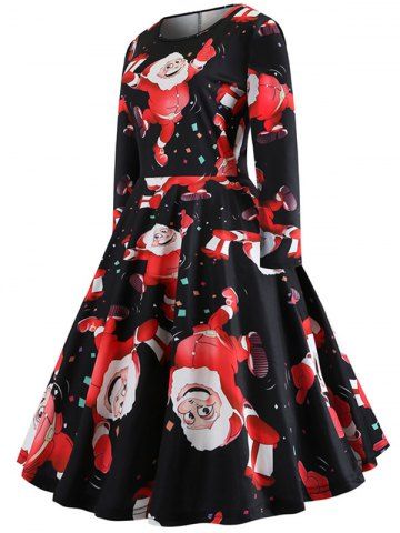 

Christmas Santa Print Fit and Flare Dress, Red
