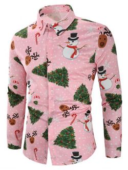 Christmas Snowmen Snowflakes Tree Candy Print Shirt - PINK - M