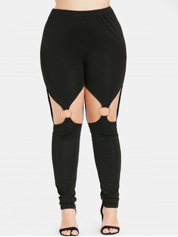 

Plus Size High Skinny Cutout Leggings with Rings, Black