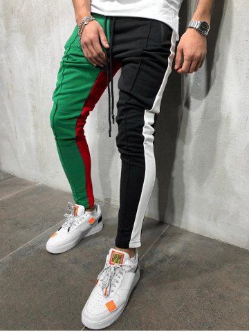 

Color Block Pockets Drawstring Slim Fit Track Pants, Green