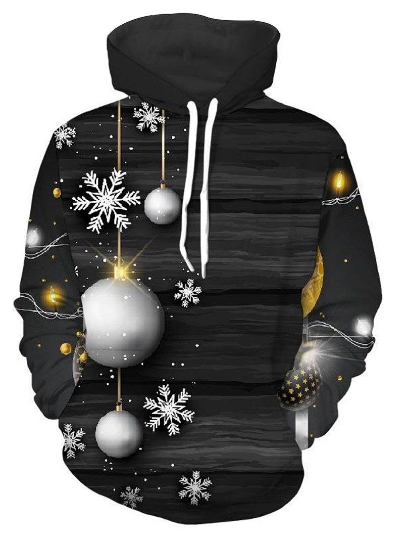 

Snowflake Christmas Ball Print Drawstring Hoodie, Black