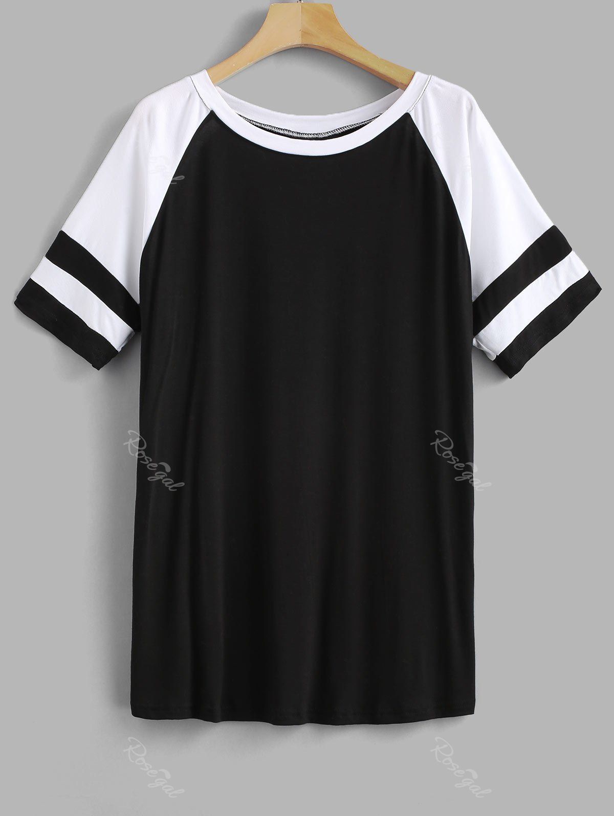 

Striped Panel Plus Size Raglan Sleeve T-shirt, Black