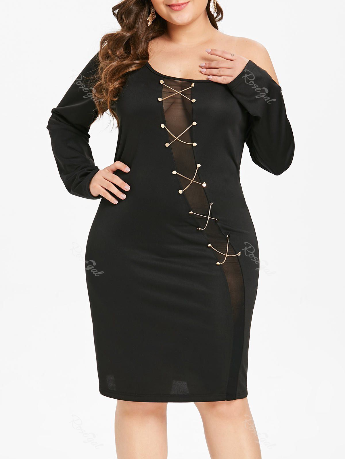 

Plus Size Chains Long Sleeves Skew Neck Dress, Black