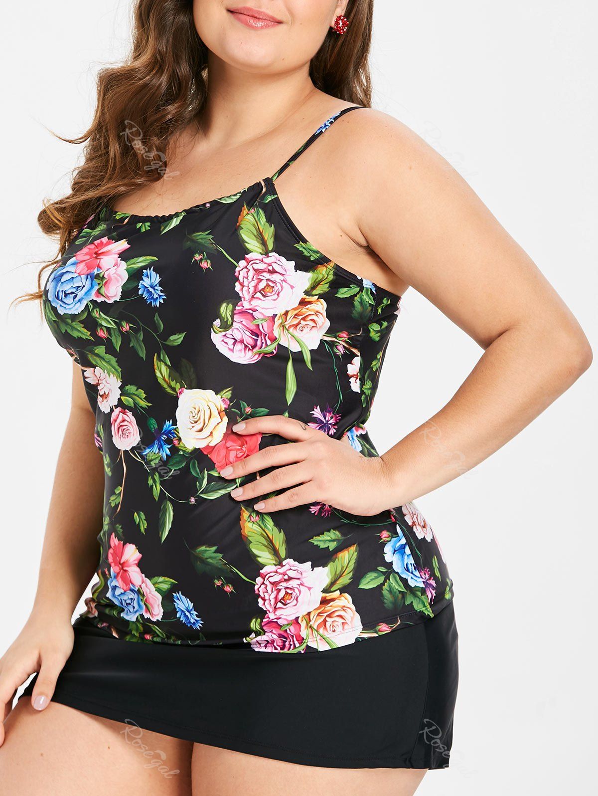 

Floral Print Plus Size Padded Tankini Set, Black