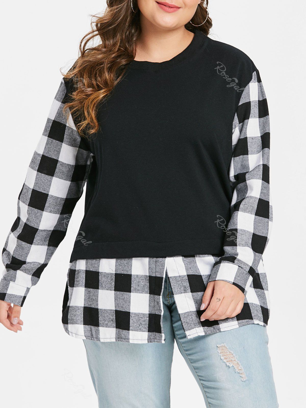 

Plus Size Long Sleeves Slit Plaid Panel Tee, Black