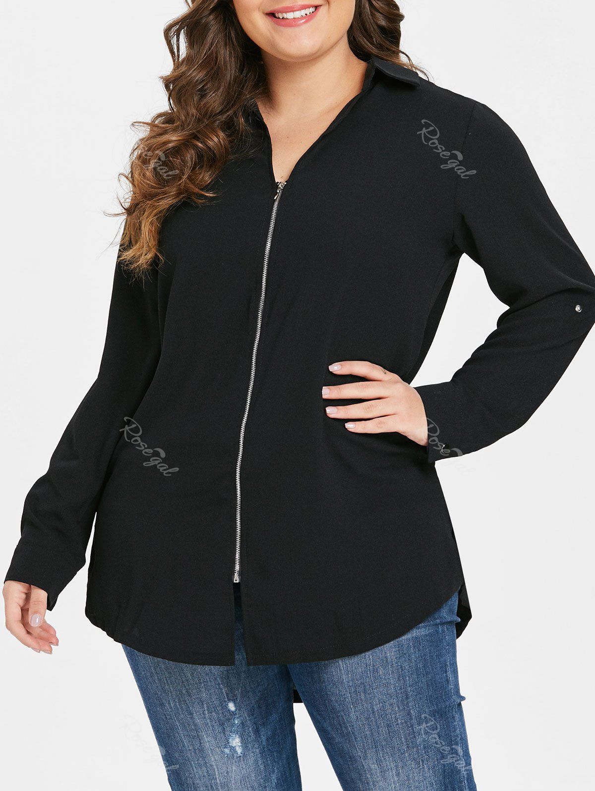 

Turn Down Collar Plus Size Zip Embellished Blouse, Black