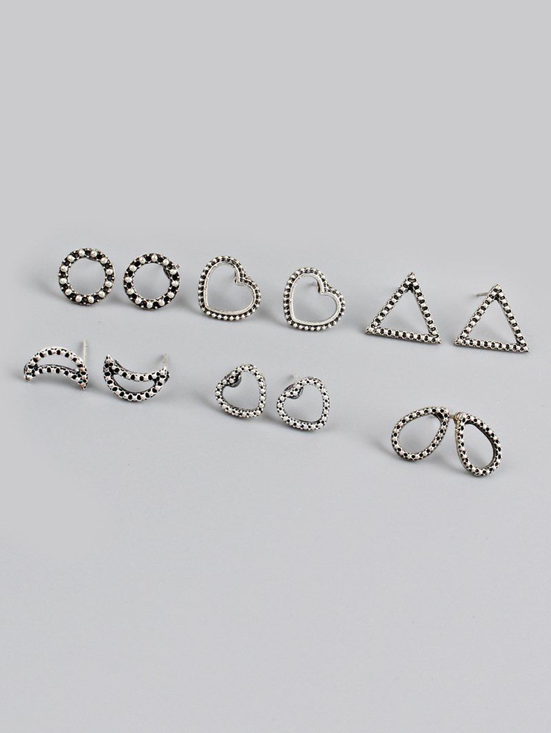 

6Pcs Heart Shape Rhinestone Earrings Set, Silver