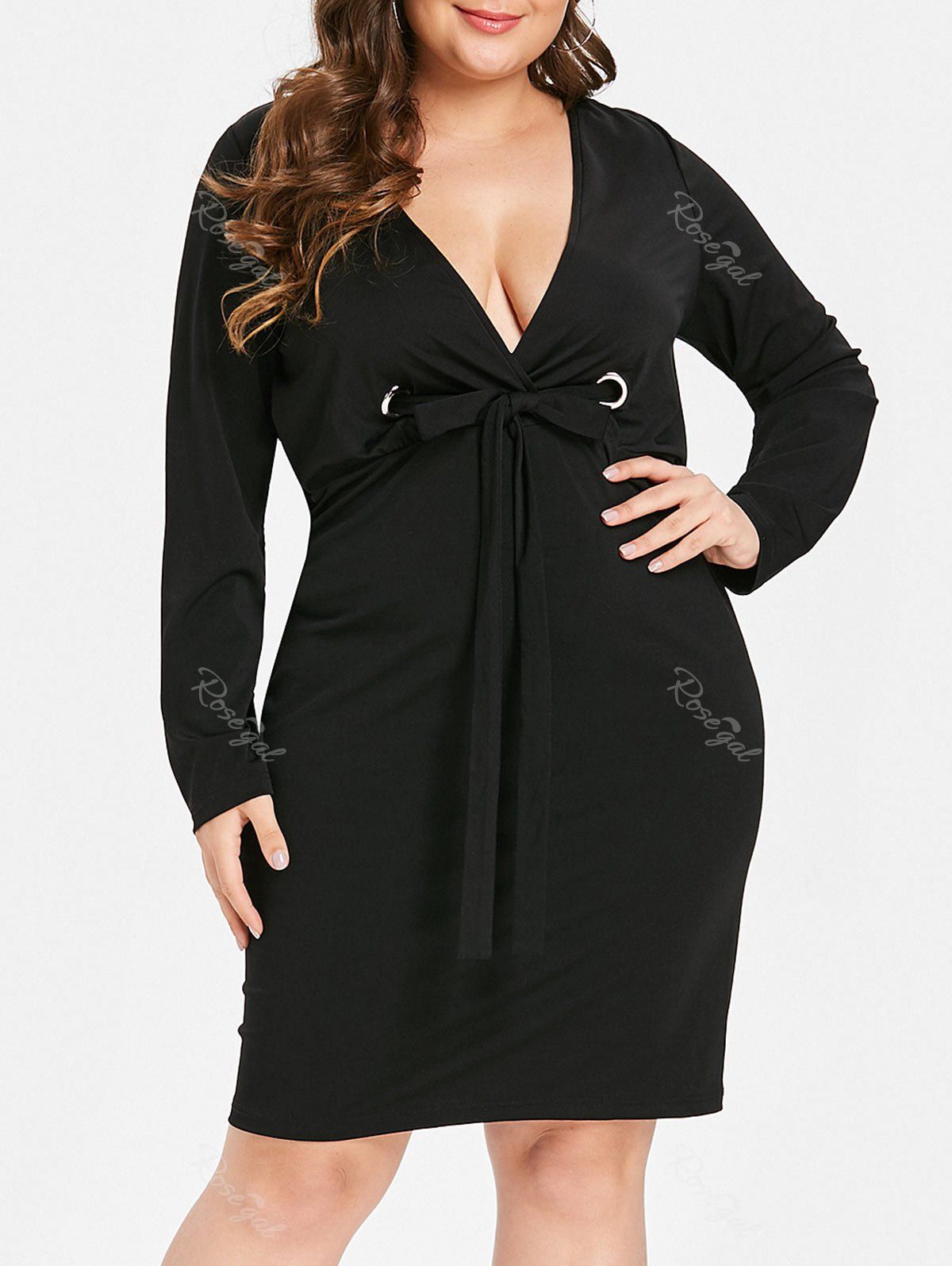 

Plus Size Drawstring Waist Plunging Surplice Dress, Black