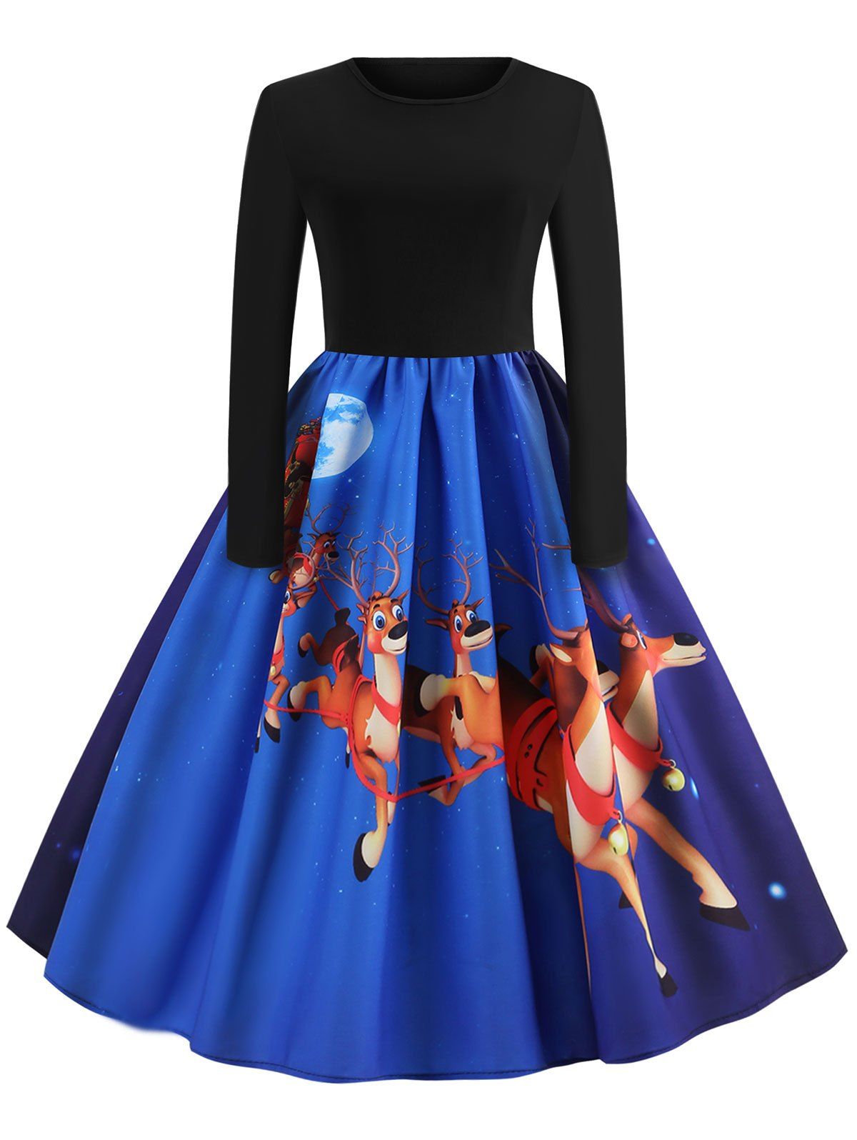 

Vintage Reindeer Print Christmas Dress, Blueberry blue