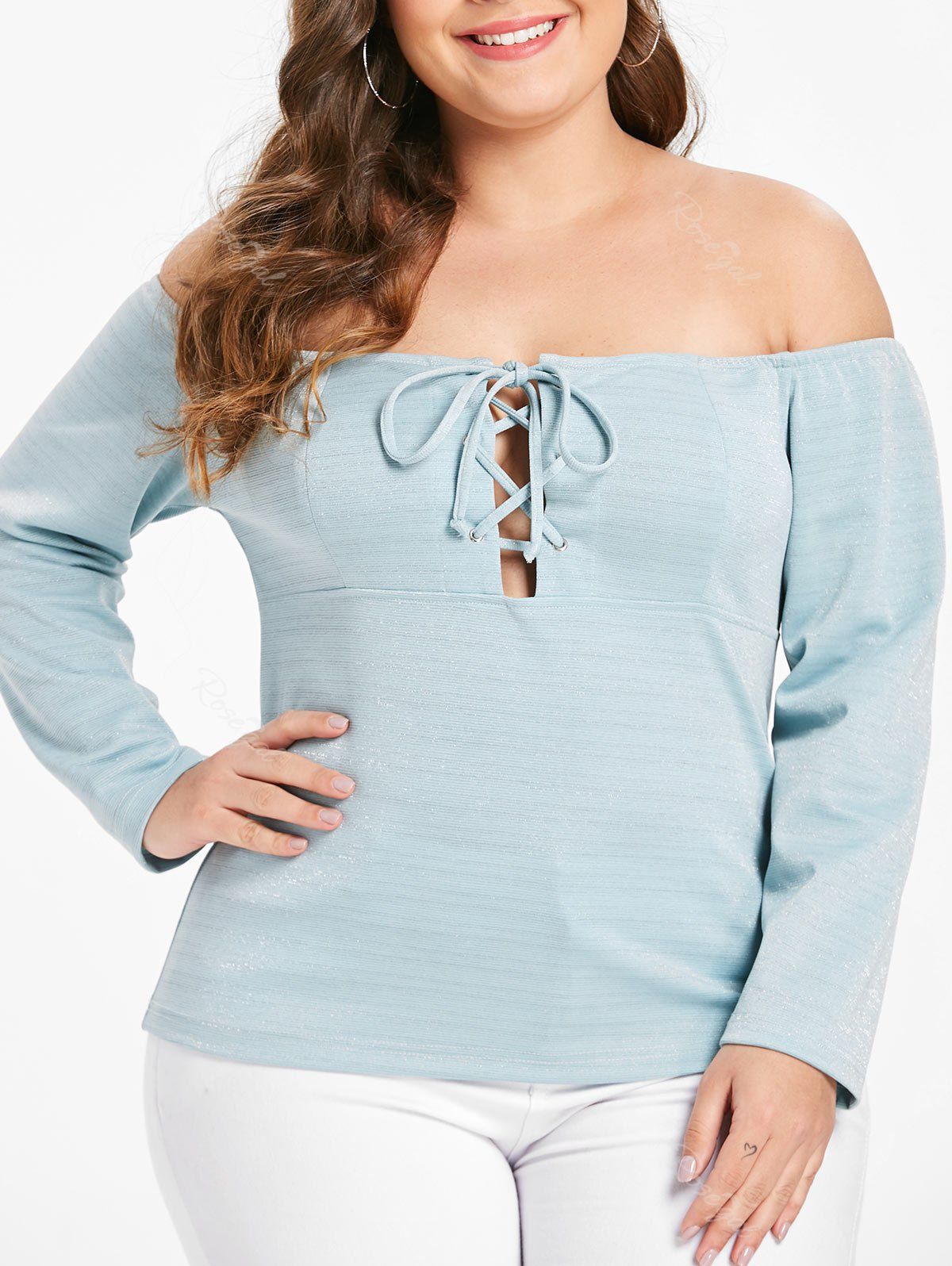 

Plus Size Off Shoulder Tee with Lace Up, Light cyan