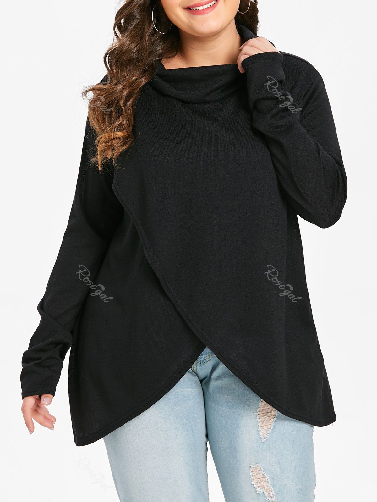 

Plus Size Long Sleeves Asymmetric Longline Tee, Black