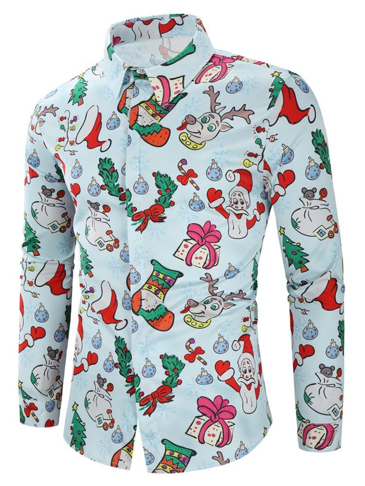 

Christmas Santa Candy Gift Print Long Sleeves Shirt, Light blue