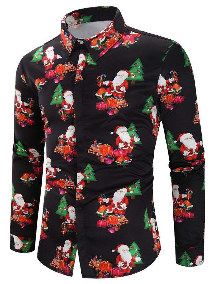 

Christmas Santa Candy Gifts Baubles Print Casual Shirt, Black