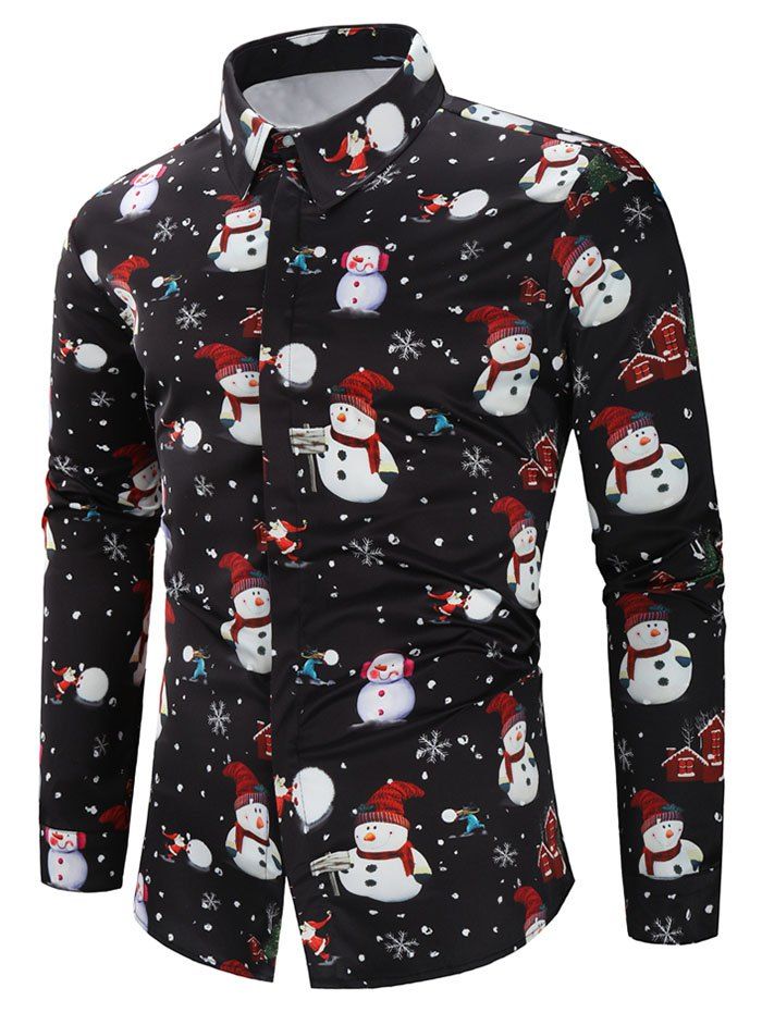 

Christmas Snowmen Snowflakes Print Casual Shirt, Black