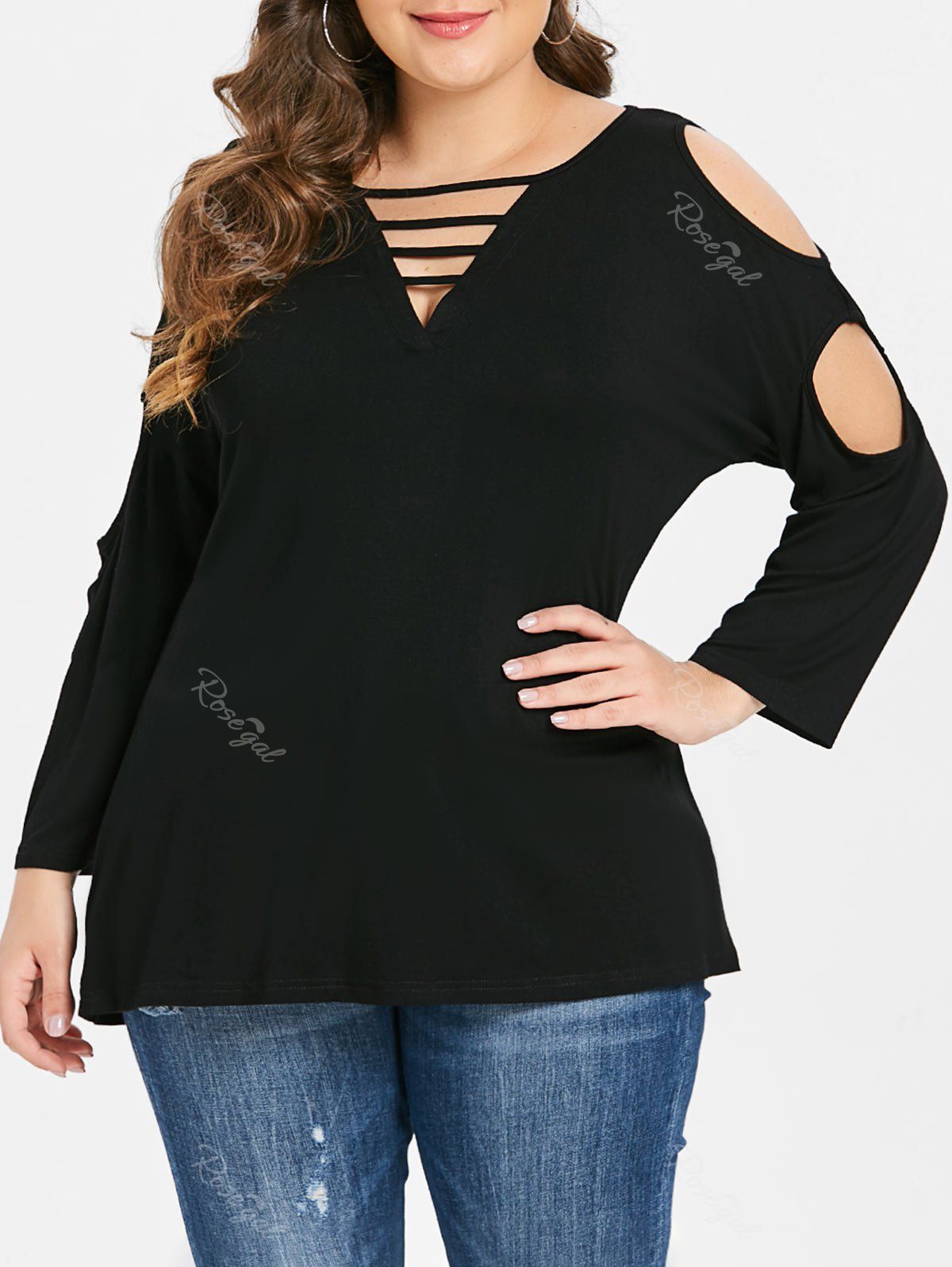 

Ladder Cut Out Long Sleeve Plus Size T-shirt, Black