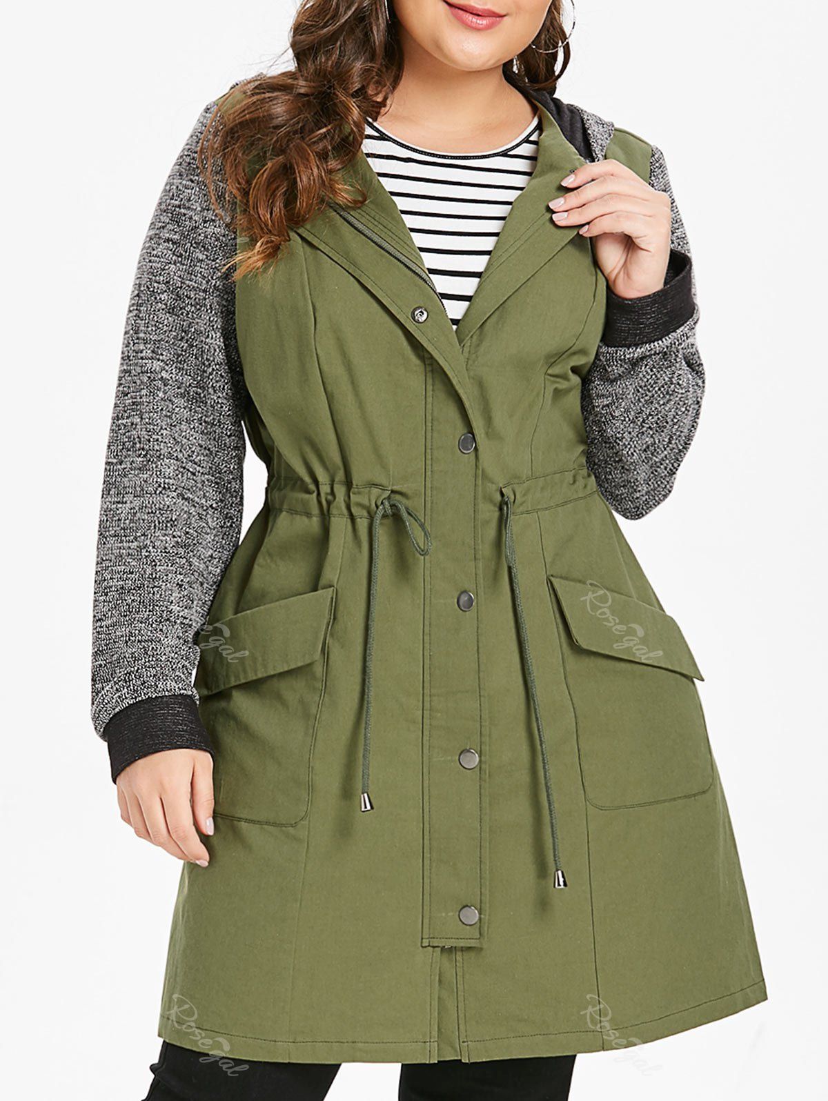 

Plus Size Longline Hooded Coat with Drawstring Waist, Army green