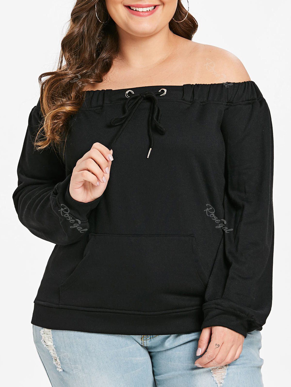 

Plus Size Off Shoulder Drawstring Pullover Sweatshirt, Black
