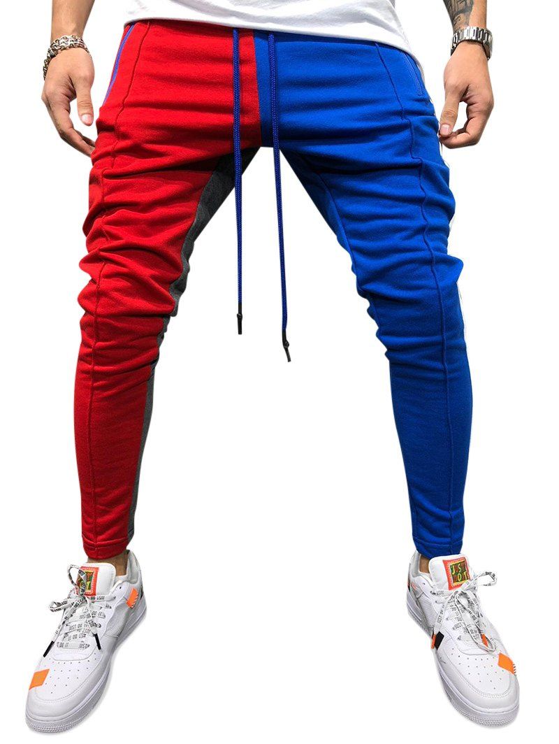 

Color Block Pockets Drawstring Slim Fit Track Pants, Red wine
