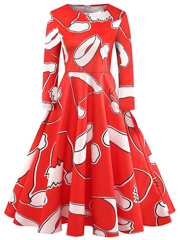 

Christmas Hat Print Fit and Flare Dress, Red