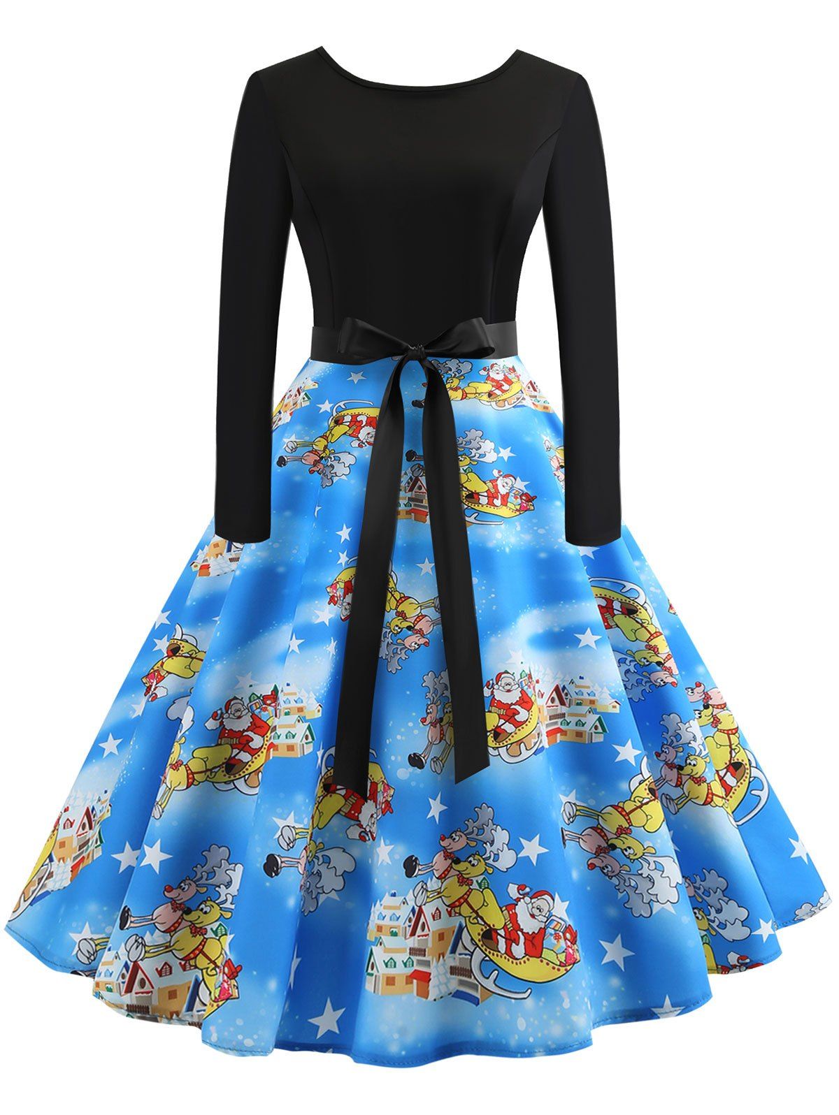 

Christmas Theme Print Long Sleeve Dress, Deep sky blue