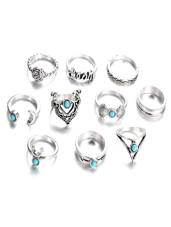 

10Pcs Faux Turquoise Rose Geometric Hollow Rings, Silver