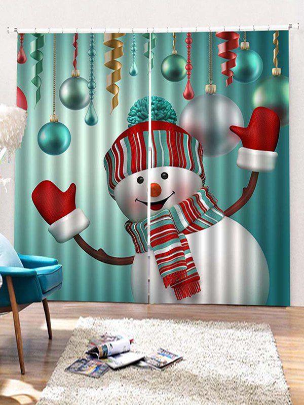 

2PCS Christmas Snowman Pattern Window Curtains, Greenish blue