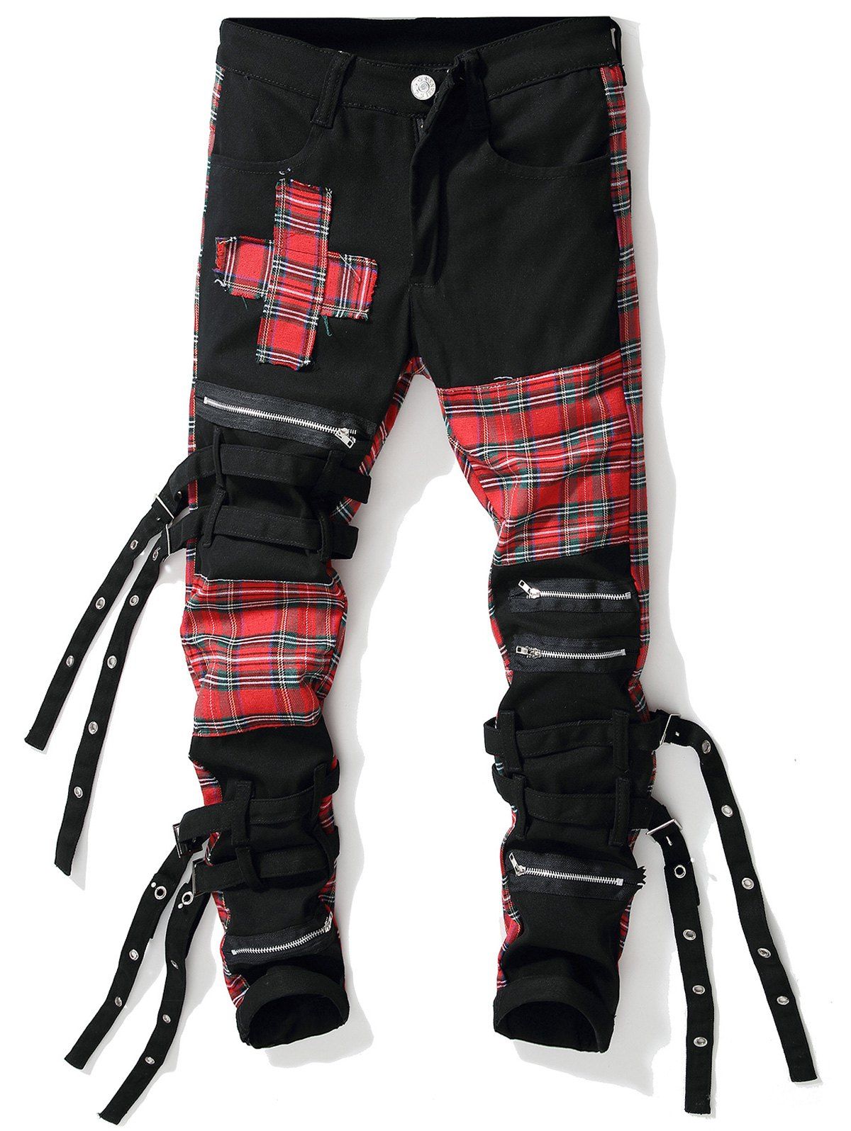 

Plaid Pattern Patch Cuffed Jeans, Black