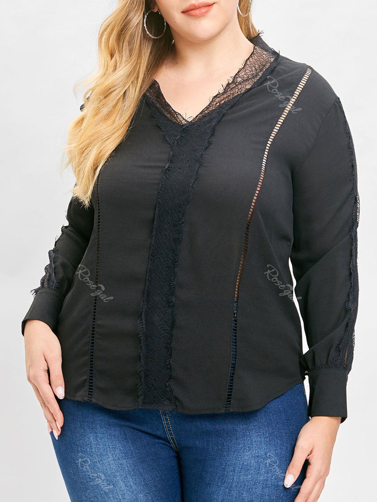 

Plus Size Lace Panel Long Sleeve Blouse, Black