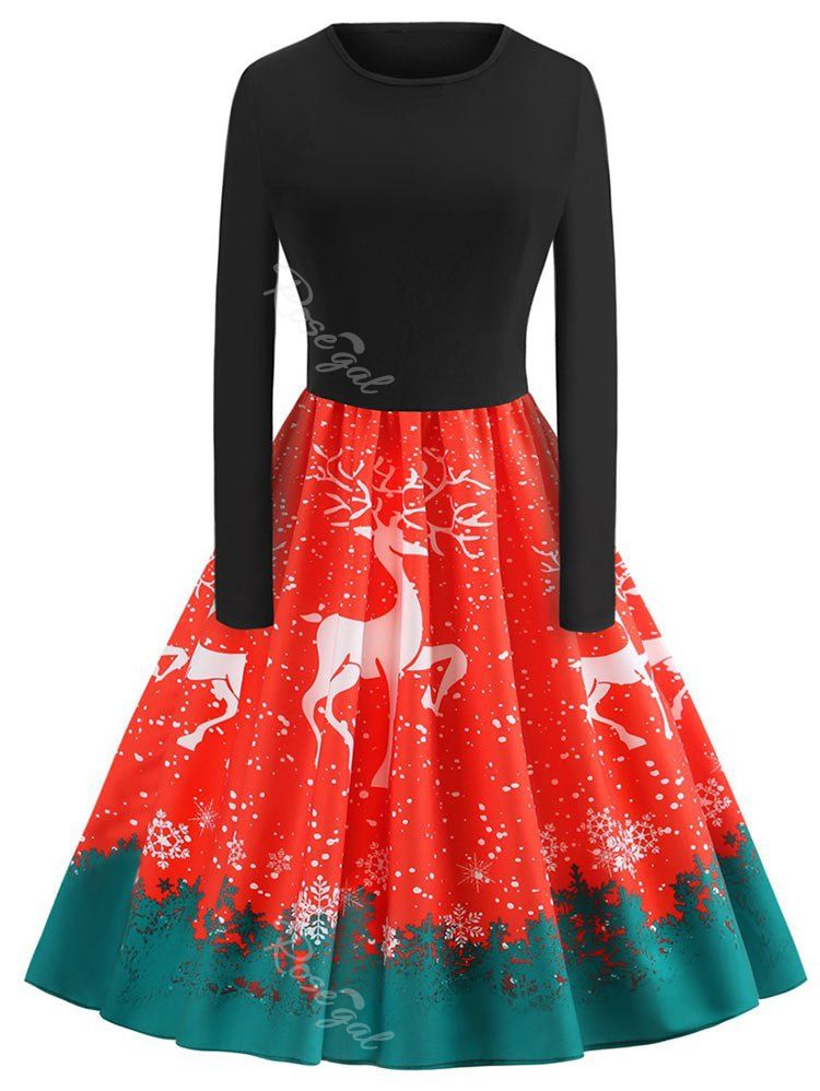 

Plus Size Vintage Christmas Elk Printed Flare Dress, Red