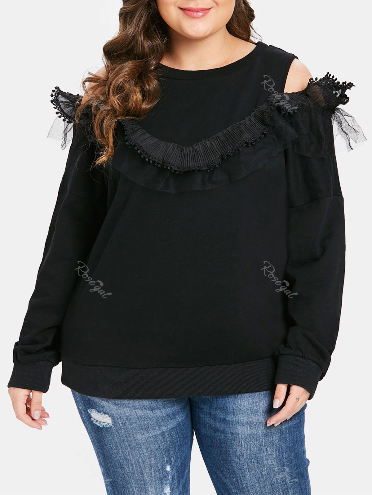 

Plus Size Mesh Panel Cold Shoulder Sweatshirt, Black