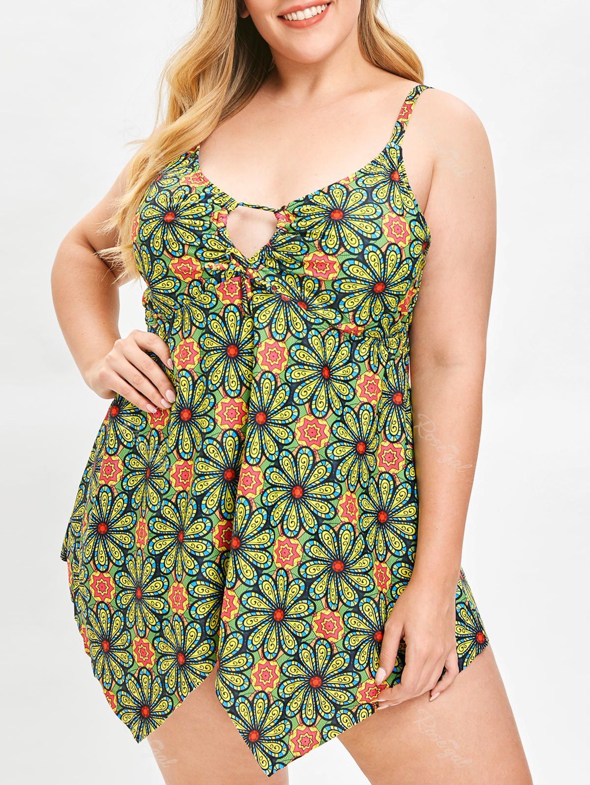 

Plus Size Printed Front Slit Tankini Set, Multi