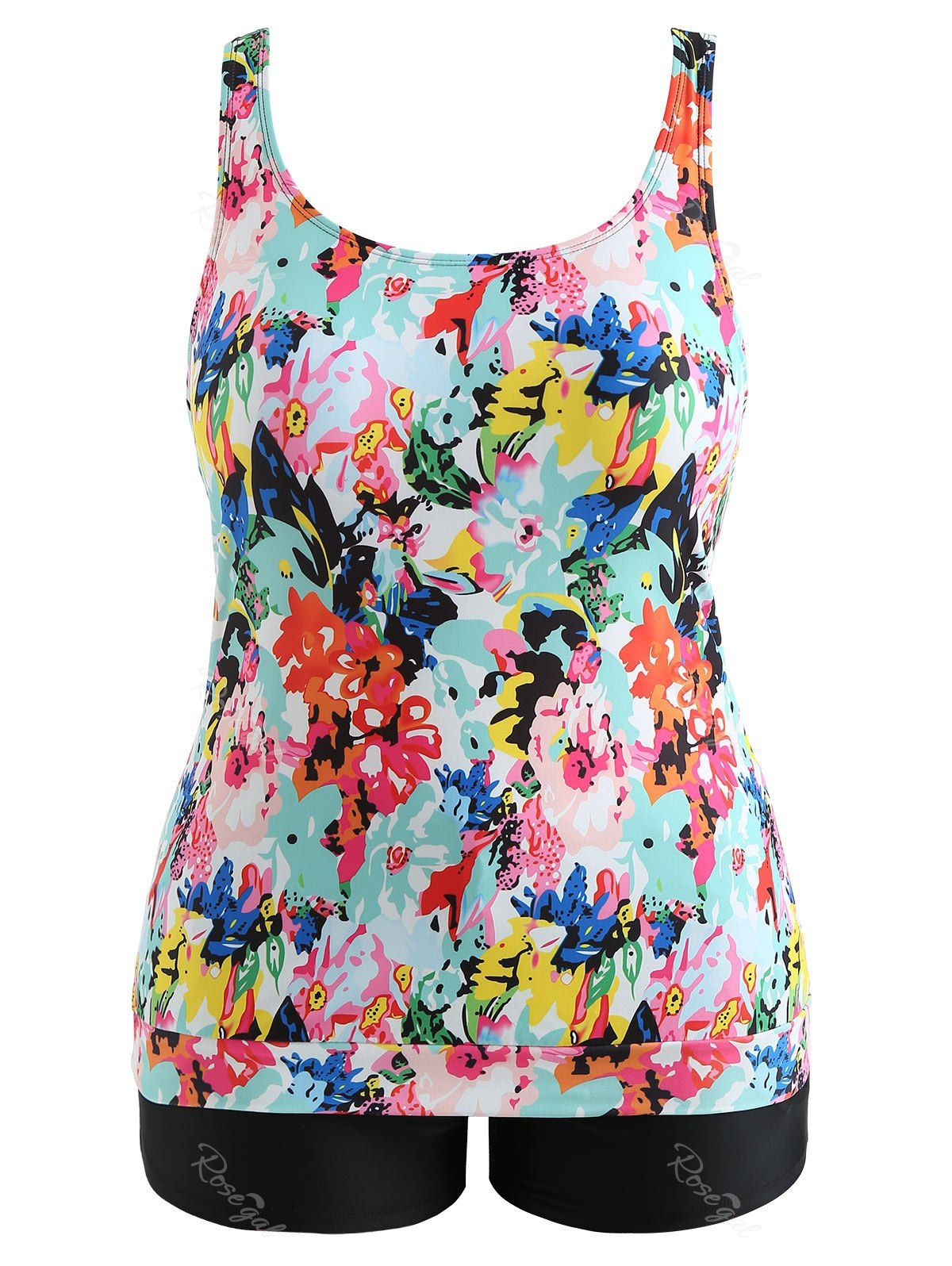 

Plus Size Padded Color Block Printed Tankini Set, Black