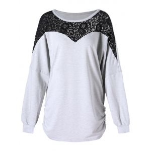 

Plus Size Lace Insert Side Pleated T-shirt, Black