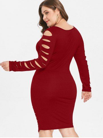 

Ladder Cut Out Sleeve Plus Size Ripped Dress, Red wine