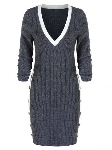 

Low Cut Contrast Trim Knit Bodycon Dress, Smokey gray