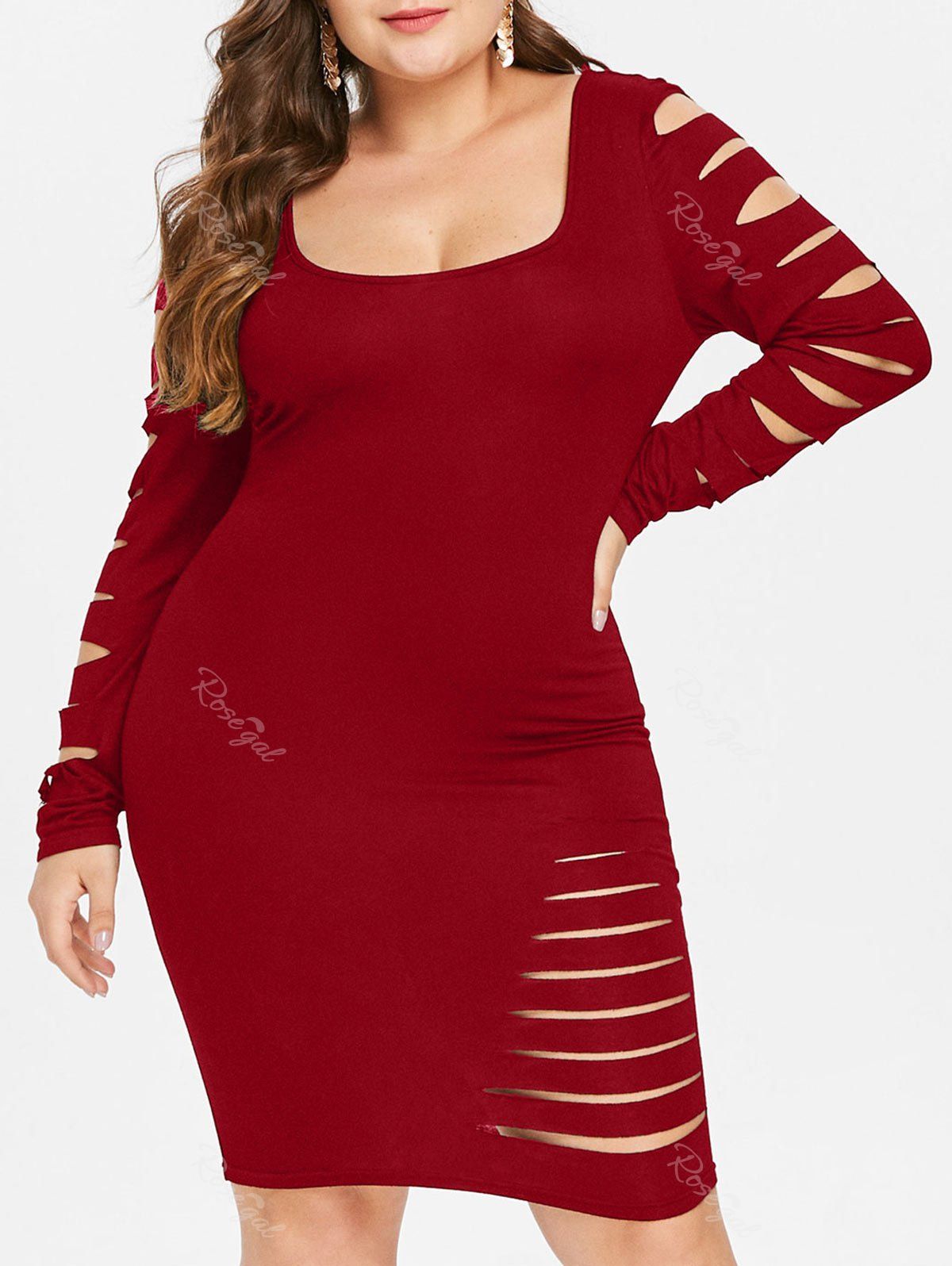 

Ladder Cut Out Sleeve Plus Size Ripped Dress, Red wine