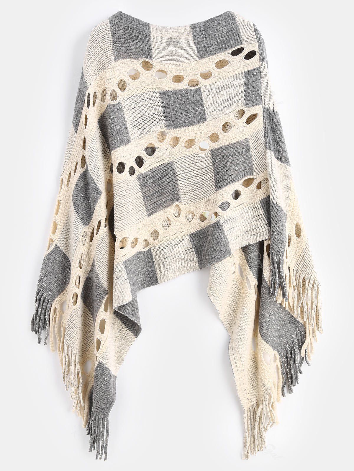 

Plus Size Fringed Sweater Cape with Hollow Out, Warm white
