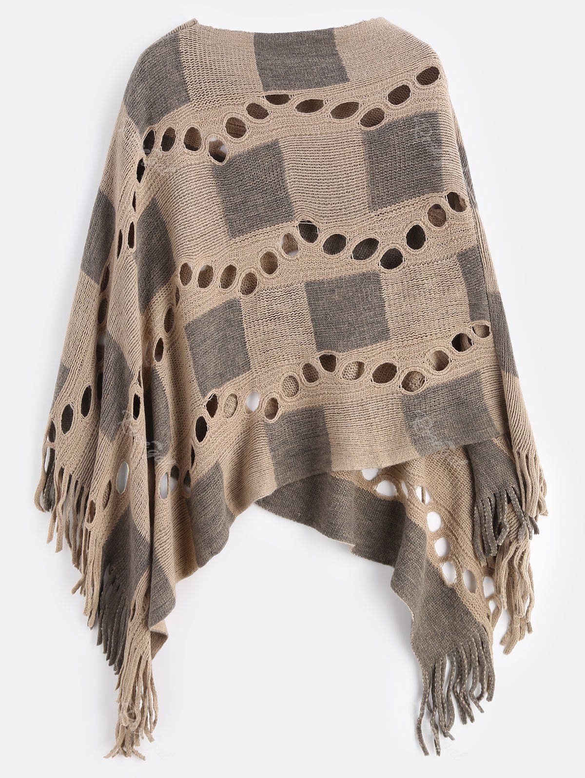 

Plus Size Fringed Sweater Cape with Hollow Out, Light khaki