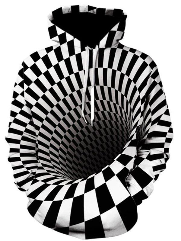 

3D Swirl Checked Print Pullover Hoodie, White