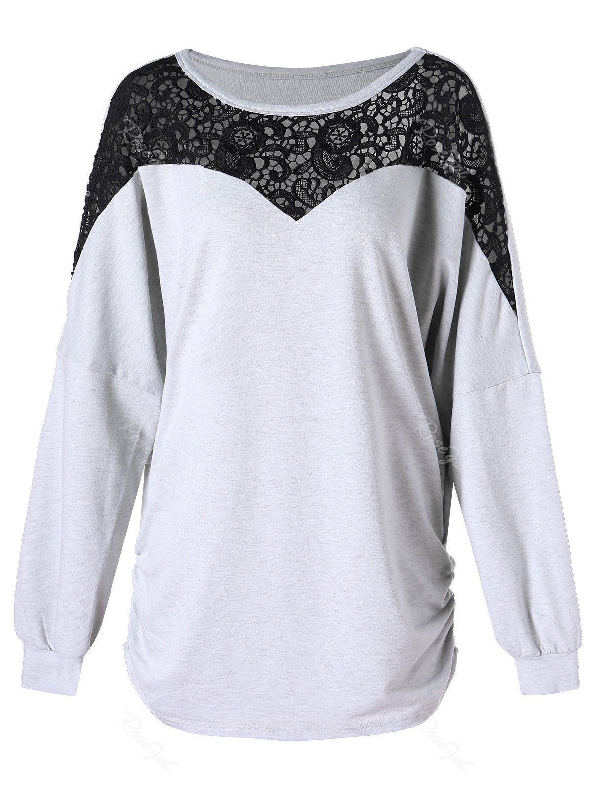 

Plus Size Lace Insert Side Pleated T-shirt, Black