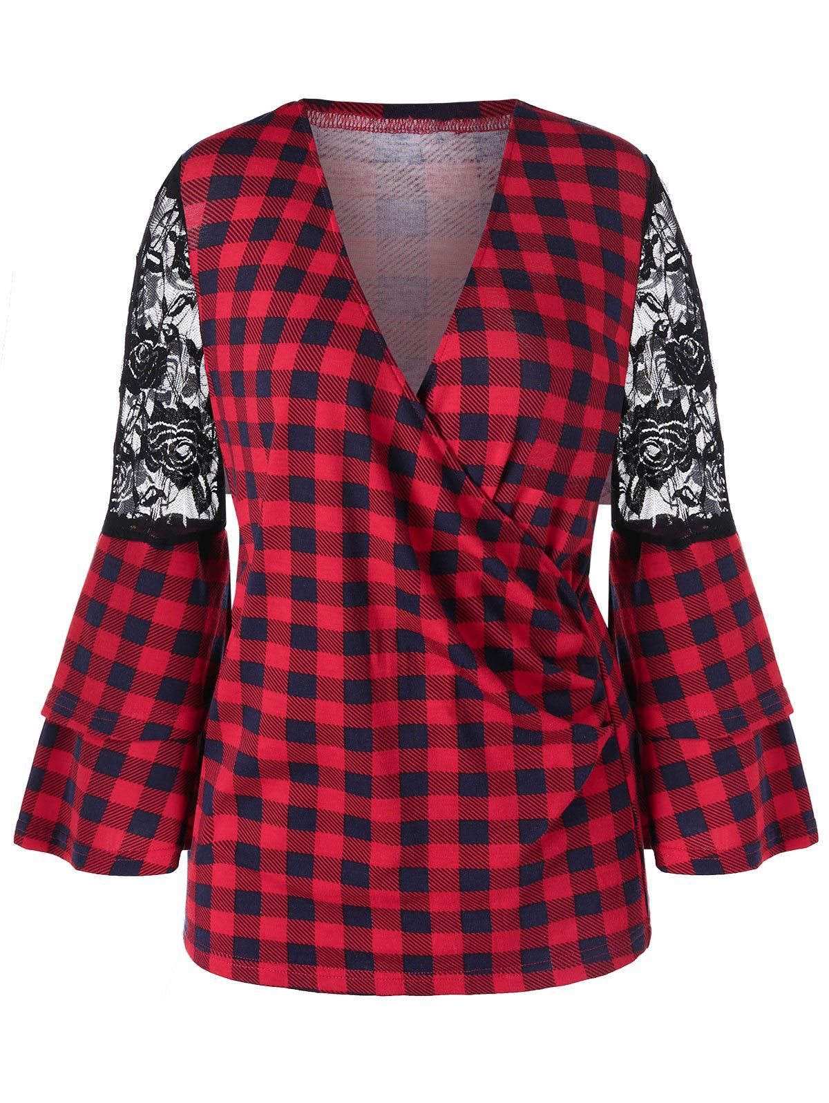 

Bell Sleeve Lace Panel Plaid Blouse, Multi